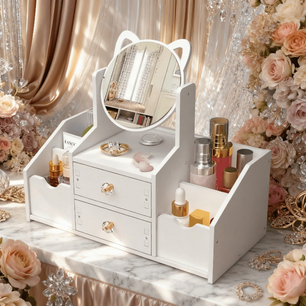 Jewelry Box - with Cat Ear Mirror Large Dressing Table Organizer for Bedroom Home - product detail view 12