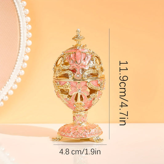 Jewelry Box - Faberge-Style Enamel Pink Vintage Metal Trinket Organizer for Rings & - product detail view 2