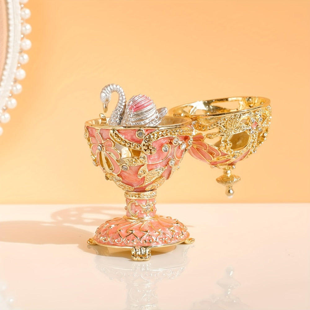 Jewelry Box - Faberge-Style Enamel Pink Vintage Metal Trinket Organizer for Rings & - product detail view 5