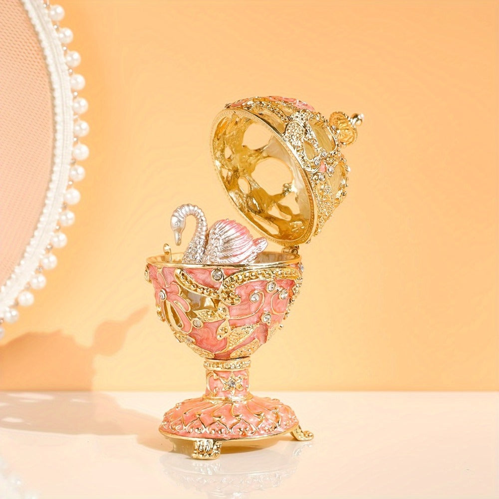 Jewelry Box - Faberge-Style Enamel Pink Vintage Metal Trinket Organizer for Rings & - product detail view 6