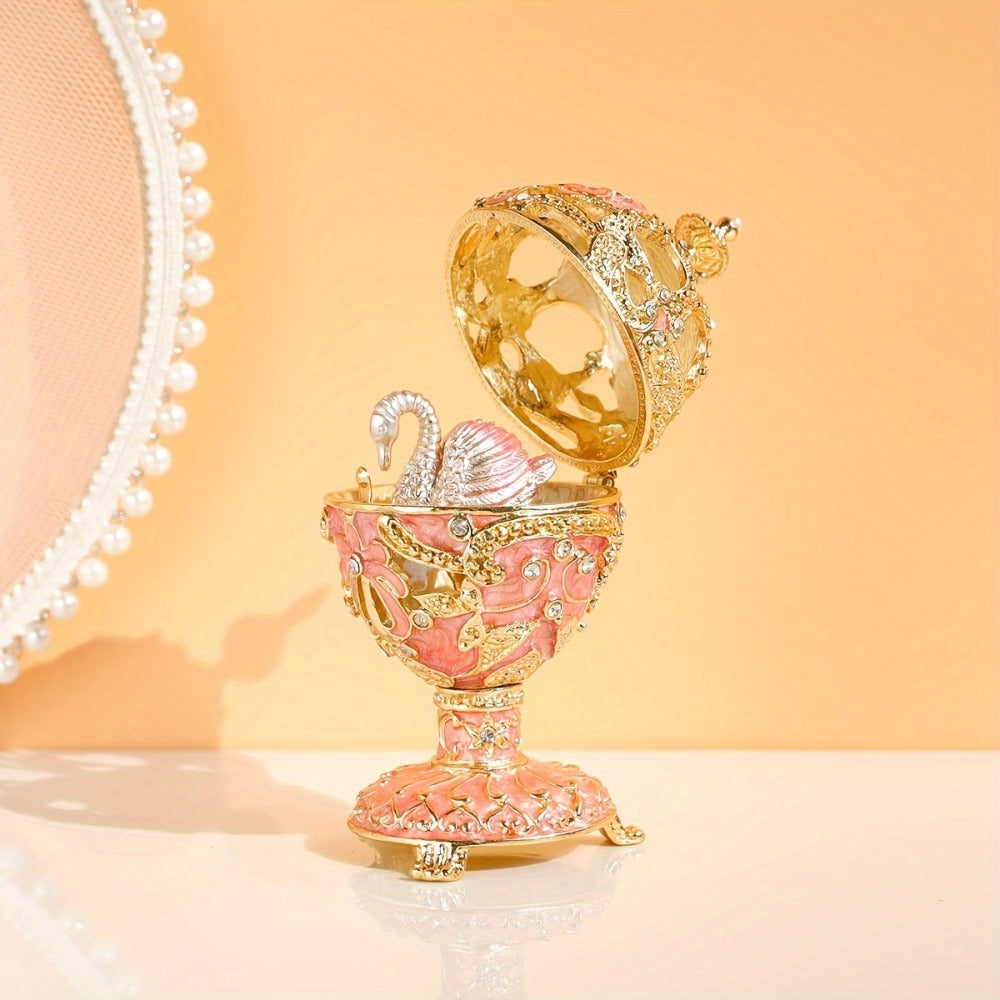Jewelry Box - Faberge-Style Enamel Pink Vintage Metal Trinket Organizer for Rings & - product detail view 7