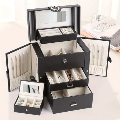 Jewelry Box - Faux Leather with Mirror & 2 Drawers Portable Travel Organizer for - main product view