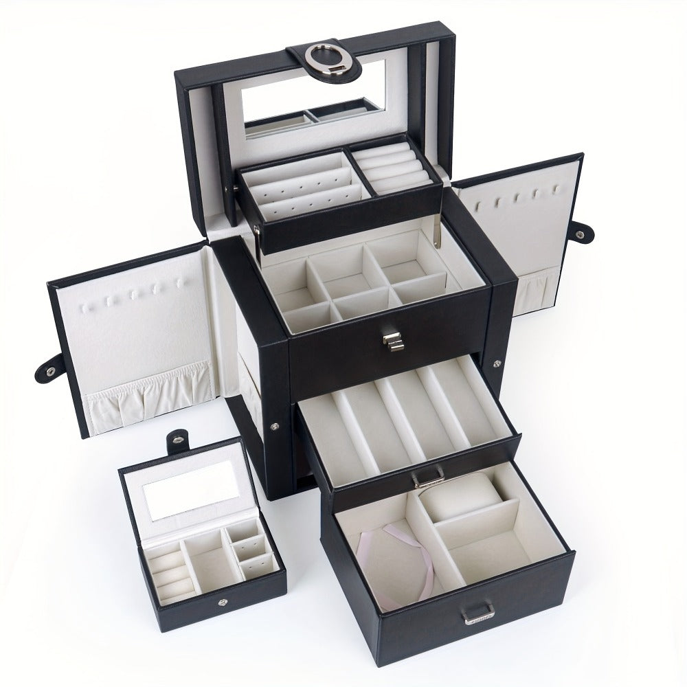 Jewelry Box - Faux Leather with Mirror & 2 Drawers Portable Travel Organizer for - product detail view 3