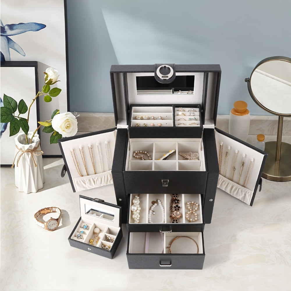 Jewelry Box - Faux Leather with Mirror & 2 Drawers Portable Travel Organizer for - product detail view 4
