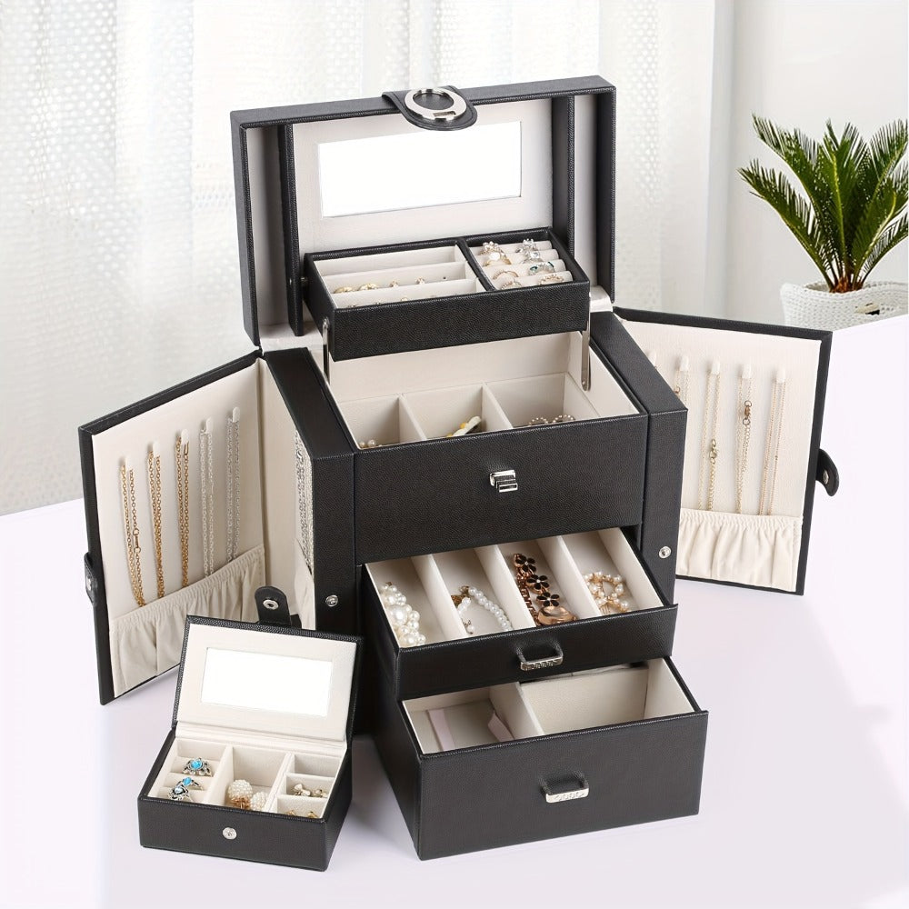 Jewelry Box - Faux Leather with Mirror & 2 Drawers Portable Travel Organizer for - product detail view 6