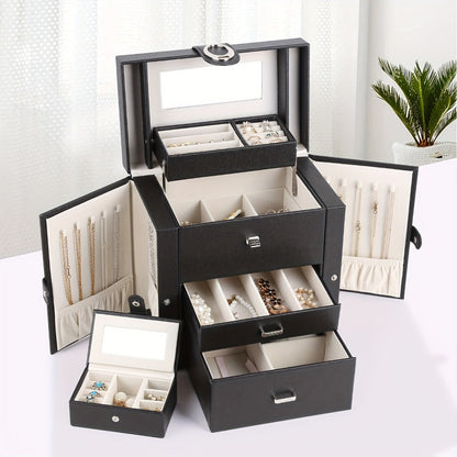 Jewelry Box - Faux Leather with Mirror & 2 Drawers Portable Travel Organizer for - product detail view 6