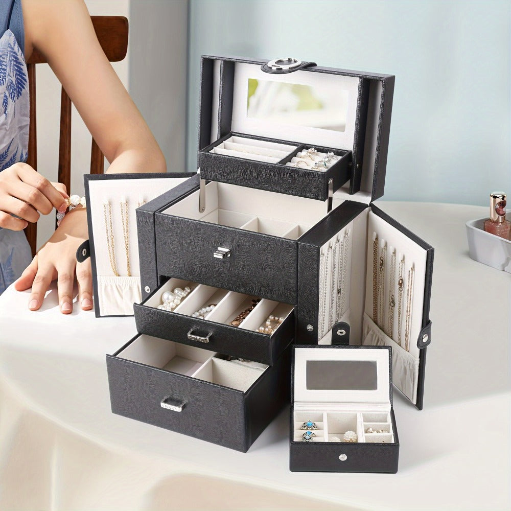 Jewelry Box - Faux Leather with Mirror & 2 Drawers Portable Travel Organizer for - product detail view 7