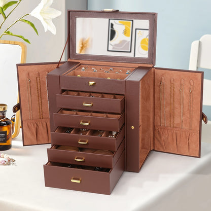 Jewelry Box - Large with Mirror PU Leather 6-Tier 5-Drawer Organizer Velvet-Lined - main product view