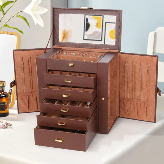 Jewelry Box - Large with Mirror PU Leather 6-Tier 5-Drawer Organizer Velvet-Lined - main product view