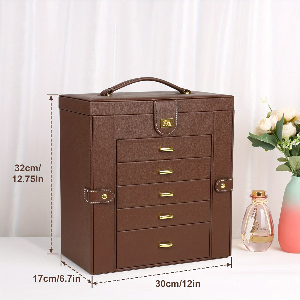 Jewelry Box - Large with Mirror PU Leather 6-Tier 5-Drawer Organizer Velvet-Lined - product detail view 2