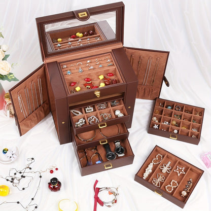Jewelry Box - Large with Mirror PU Leather 6-Tier 5-Drawer Organizer Velvet-Lined - product detail view 4