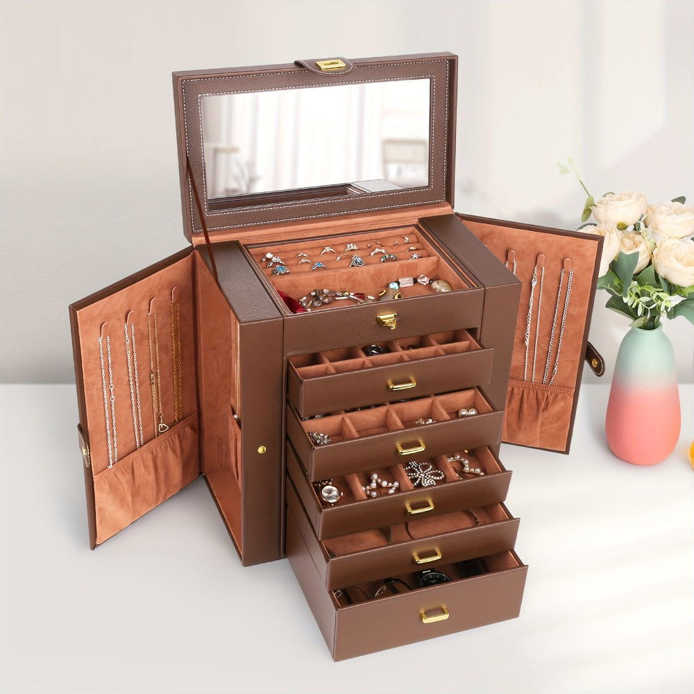 Jewelry Box - Large with Mirror PU Leather 6-Tier 5-Drawer Organizer Velvet-Lined - product detail view 5