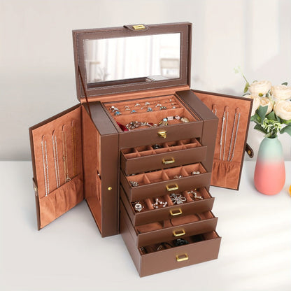Jewelry Box - Large with Mirror PU Leather 6-Tier 5-Drawer Organizer Velvet-Lined - product detail view 5