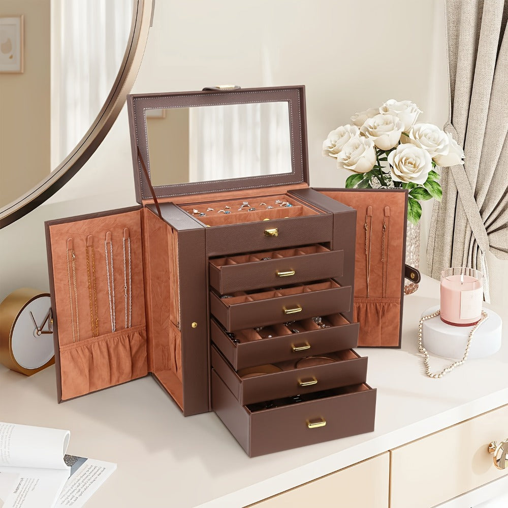 Jewelry Box - Large with Mirror PU Leather 6-Tier 5-Drawer Organizer Velvet-Lined - product detail view 6