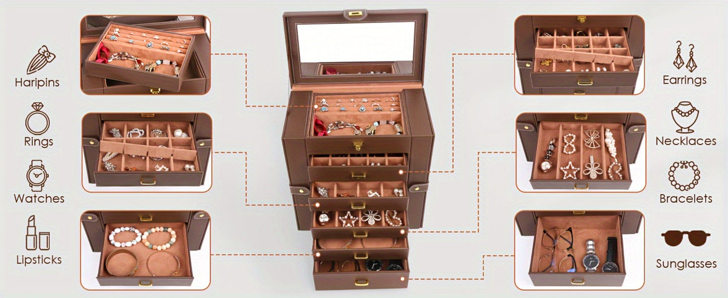 Jewelry Box - Large with Mirror PU Leather 6-Tier 5-Drawer Organizer Velvet-Lined - product detail view 7