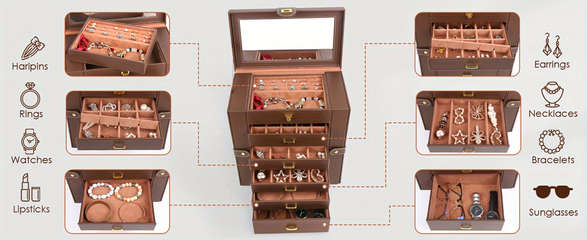 Jewelry Box - Large with Mirror PU Leather 6-Tier 5-Drawer Organizer Velvet-Lined - product detail view 7