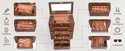 Jewelry Box - Large with Mirror PU Leather 6-Tier 5-Drawer Organizer Velvet-Lined - product detail view 7
