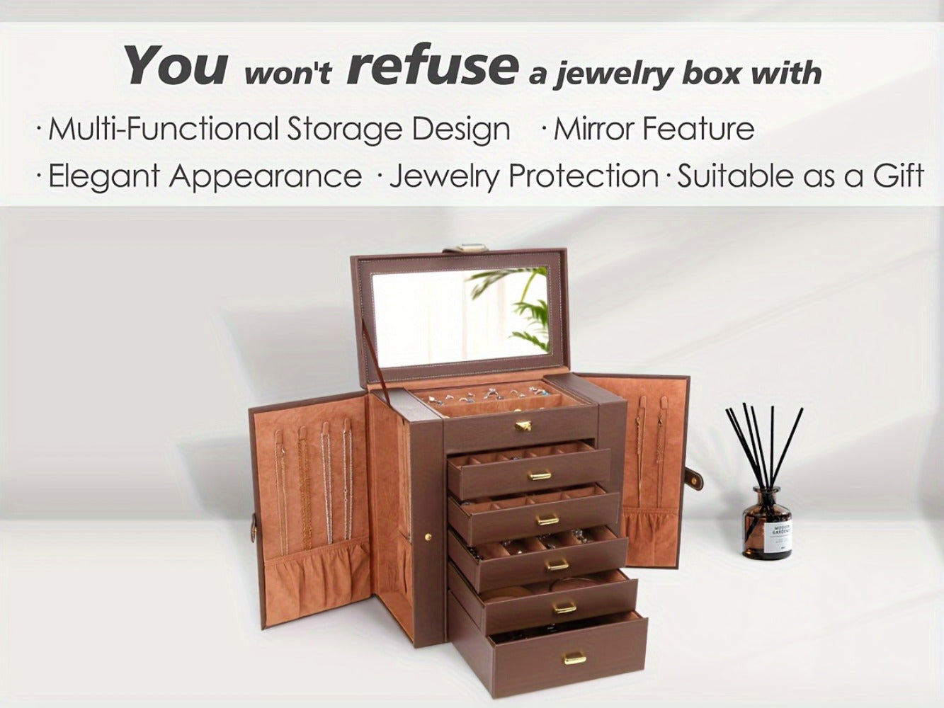 Jewelry Box - Large with Mirror PU Leather 6-Tier 5-Drawer Organizer Velvet-Lined - product detail view 9