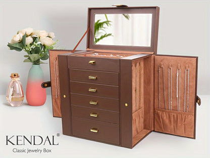 Jewelry Box - Large with Mirror PU Leather 6-Tier 5-Drawer Organizer Velvet-Lined - product detail view 10