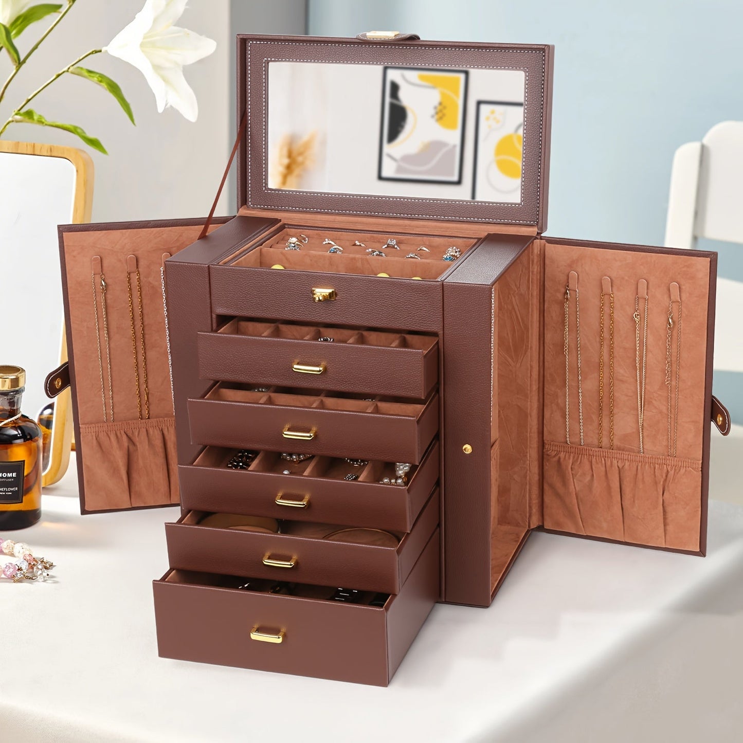 Jewelry Box - Large with Mirror PU Leather 6-Tier 5-Drawer Organizer Velvet-Lined - product detail view 11