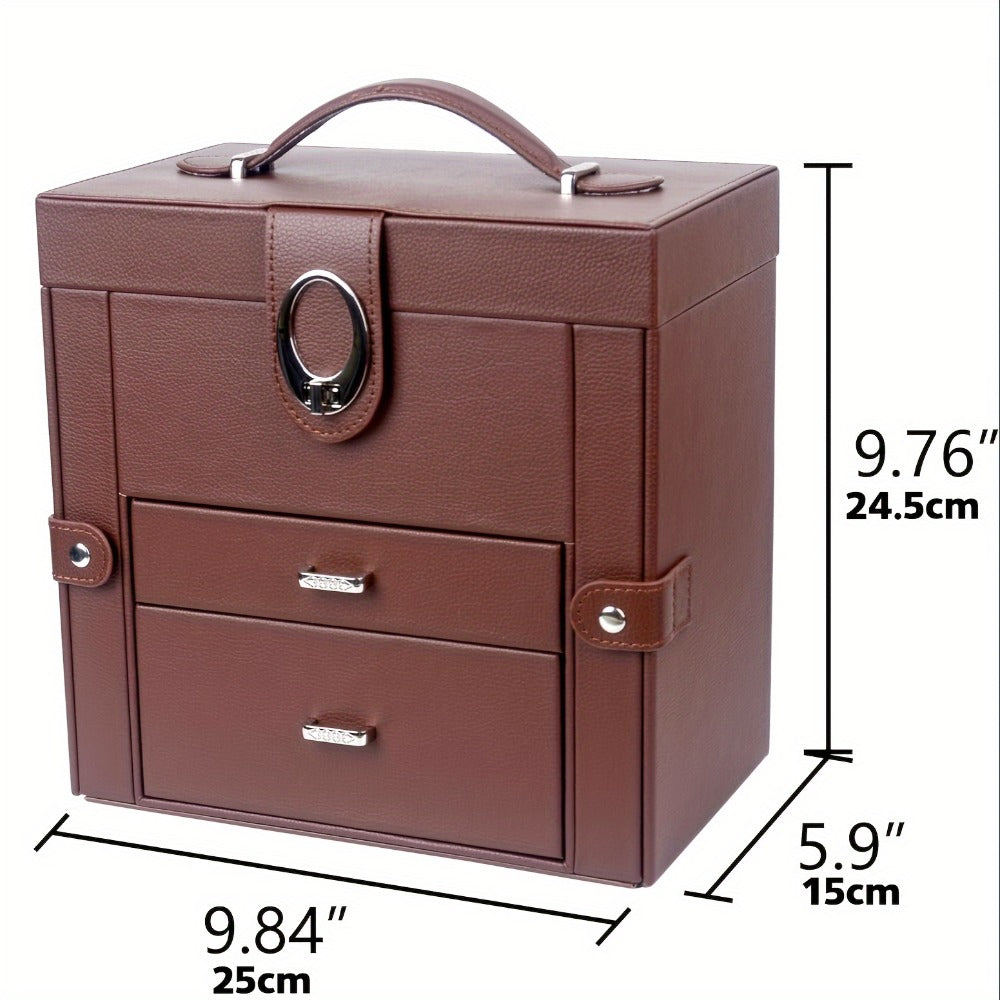 Jewelry Box - Leather with Mirror 3 Layers 2 Drawers Portable Travel Case for Necklaces - product detail view 2