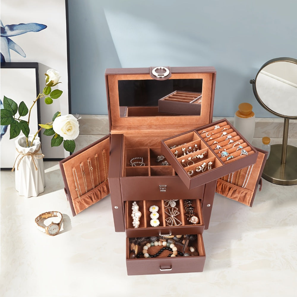 Jewelry Box - Leather with Mirror 3 Layers 2 Drawers Portable Travel Case for Necklaces - product detail view 4