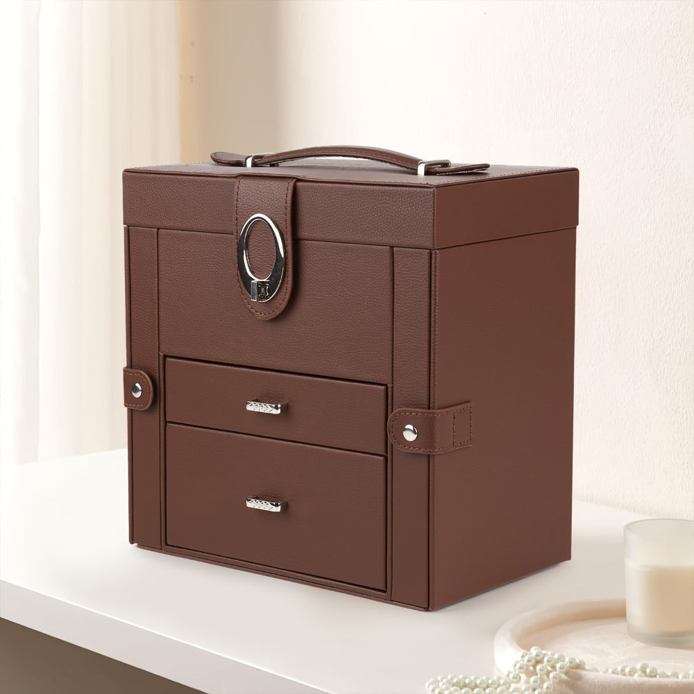 Jewelry Box - Leather with Mirror 3 Layers 2 Drawers Portable Travel Case for Necklaces - product detail view 5