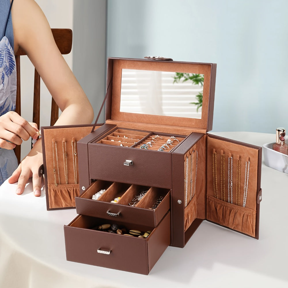 Jewelry Box - Leather with Mirror 3 Layers 2 Drawers Portable Travel Case for Necklaces - product detail view 6