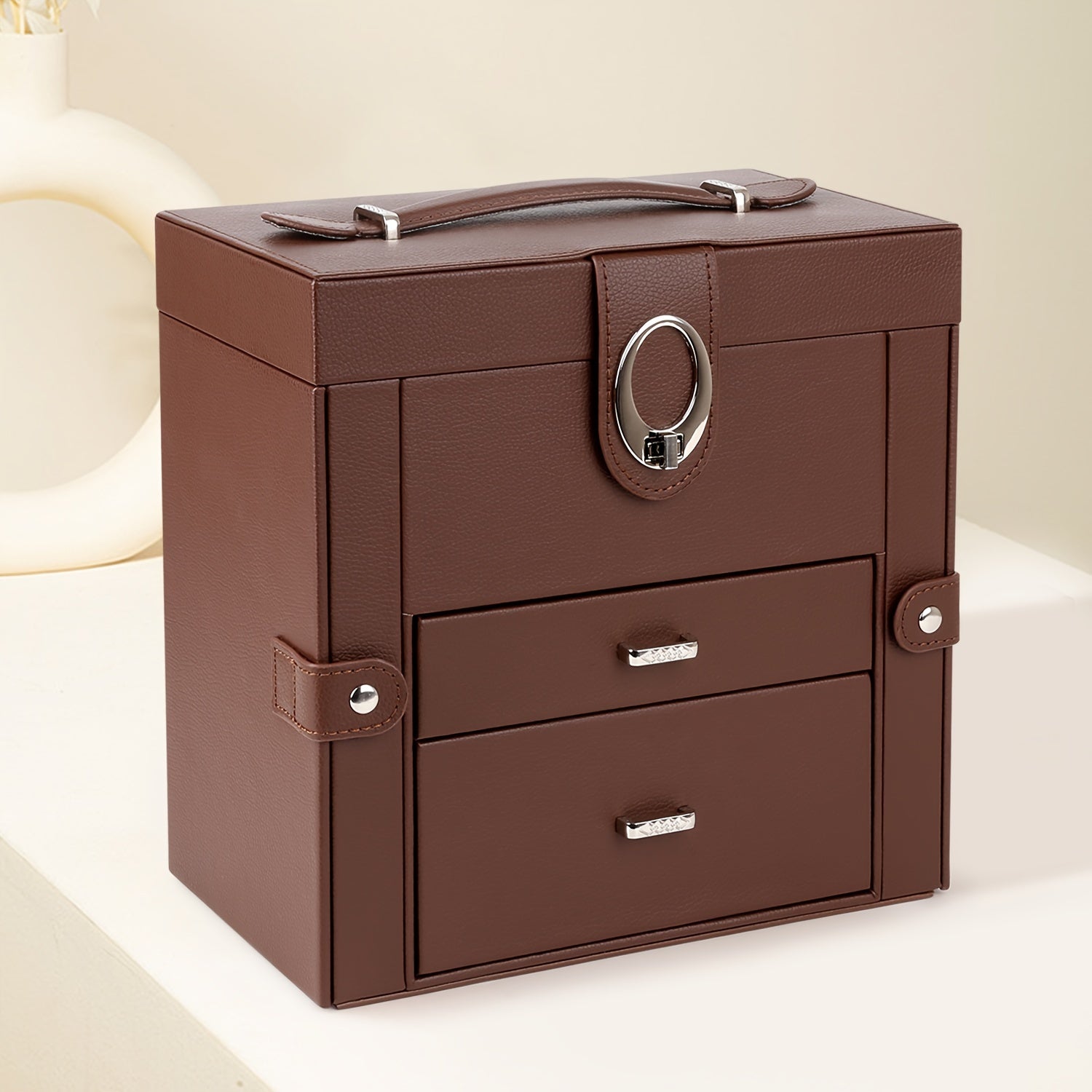 Jewelry Box - Leather with Mirror 3 Layers 2 Drawers Portable Travel Case for Necklaces - product detail view 8
