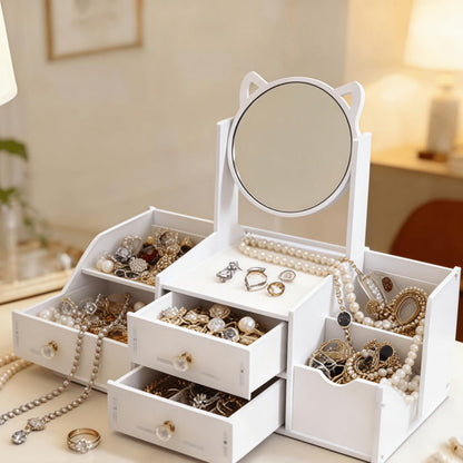 Jewelry Box - with Mirror Cat Ear Design Small Makeup Storage Organizer with Drawers - product detail view 4
