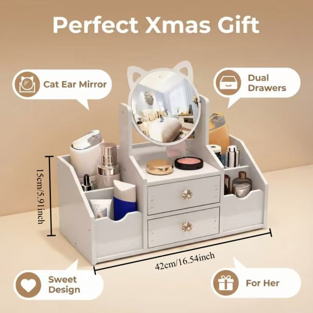 Jewelry Box - with Mirror Cat Ear Design Small Makeup Storage Organizer with Drawers - product detail view 5