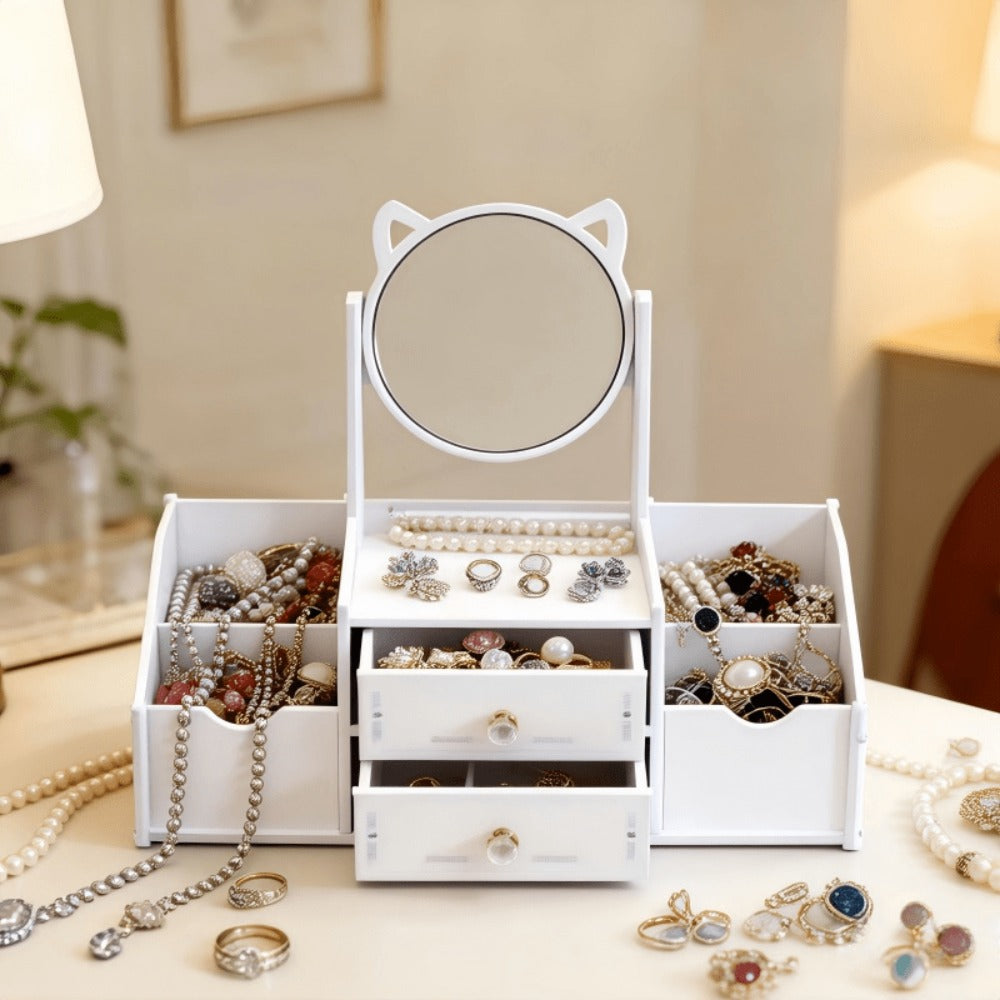 Jewelry Box - with Mirror Cat Ear Design Small Makeup Storage Organizer with Drawers - product detail view 6