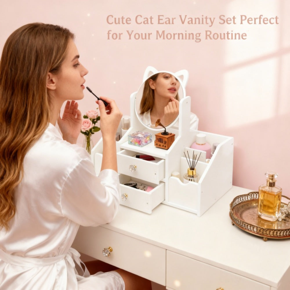 Jewelry Box - with Mirror Cat Ear Design Small Makeup Storage Organizer with Drawers - product detail view 10