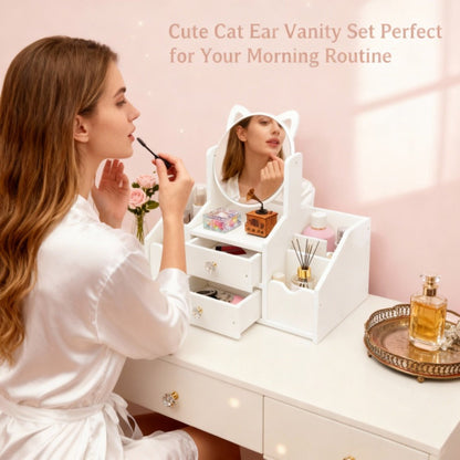 Jewelry Box - with Mirror Cat Ear Design Small Makeup Storage Organizer with Drawers - product detail view 10