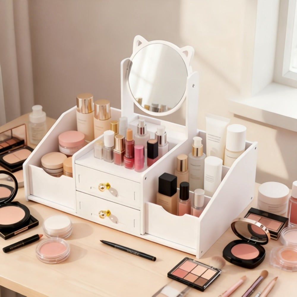 Jewelry Box - with Mirror Cat Ear Design Small Makeup Storage Organizer with Drawers - product detail view 12