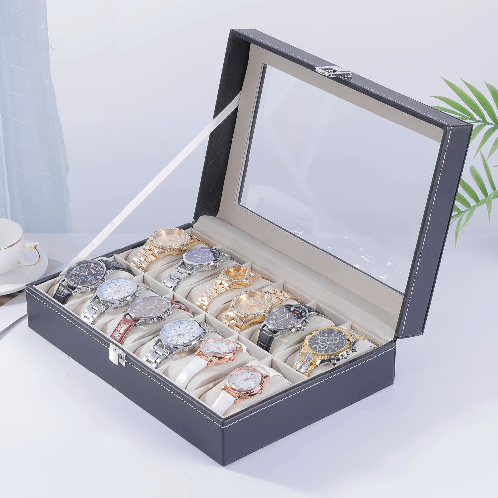 Jewelry Box - Watch 10 / 12 Slot Large Glass Lid Watch Case Organizer with Removable - main product view