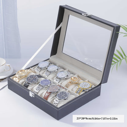 Jewelry Box - Watch 10 / 12 Slot Large Glass Lid Watch Case Organizer with Removable - product detail view 2