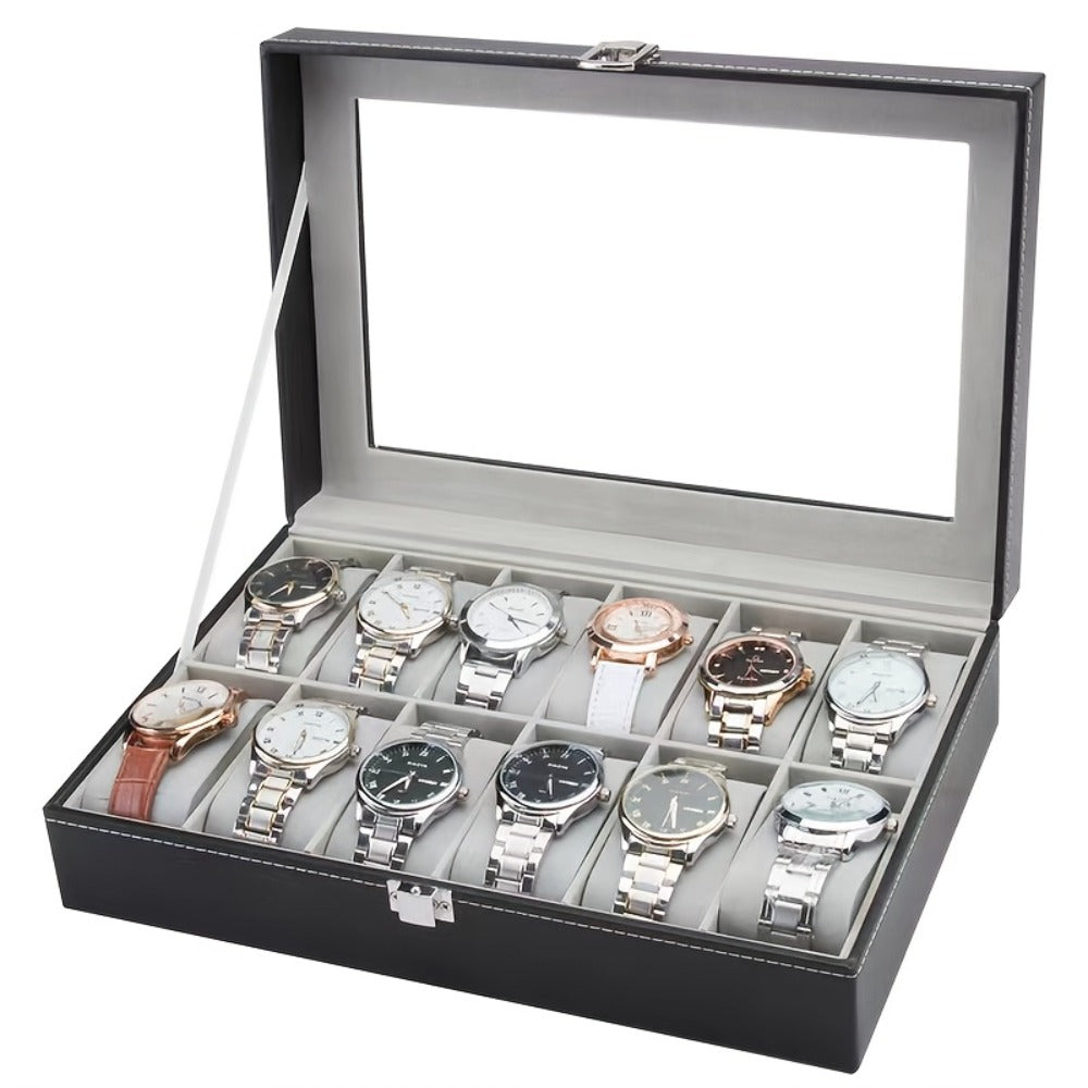 Jewelry Box - Watch 10 / 12 Slot Large Glass Lid Watch Case Organizer with Removable - product detail view 5