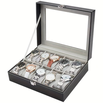 Jewelry Box - Watch 10 / 12 Slot Large Glass Lid Watch Case Organizer with Removable - product detail view 6