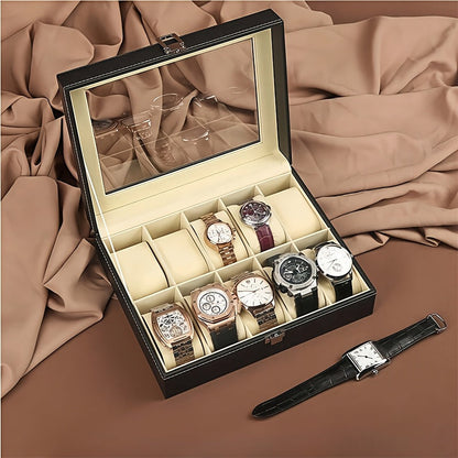 Jewelry Box - Watch 10 / 12 Slot Large Glass Lid Watch Case Organizer with Removable - product detail view 8