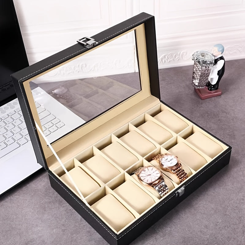 Jewelry Box - Watch 10 / 12 Slot Large Glass Lid Watch Case Organizer with Removable - product detail view 9