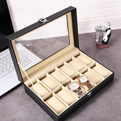 Jewelry Box - Watch 10 / 12 Slot Large Glass Lid Watch Case Organizer with Removable - product detail view 9