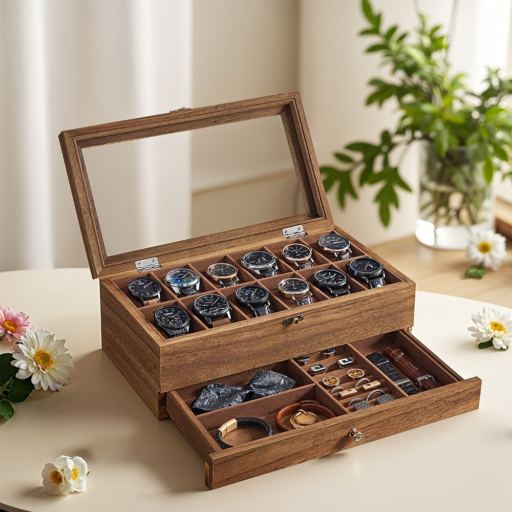 Jewelry Box - Watch 12-Slot 2-Tier Display Case with Glass Lid Removable Watch Pillows - main product view