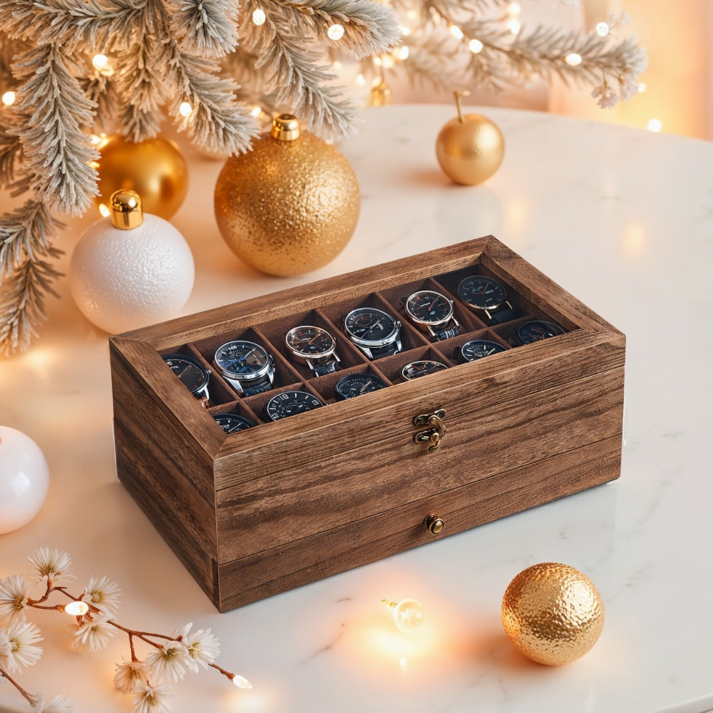 Jewelry Box - Watch 12-Slot 2-Tier Display Case with Glass Lid Removable Watch Pillows - product detail view 3