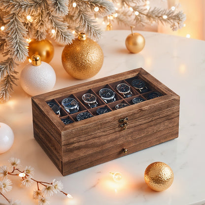 Jewelry Box - Watch 12-Slot 2-Tier Display Case with Glass Lid Removable Watch Pillows - product detail view 3