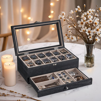 Jewelry Box - Watch 12-Slot 2-Tier Display Case with Glass Lid Removable Watch Pillows - product detail view 4