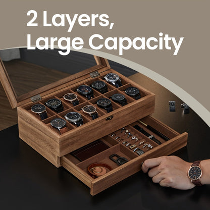 Jewelry Box - Watch 12-Slot 2-Tier Display Case with Glass Lid Removable Watch Pillows - product detail view 5