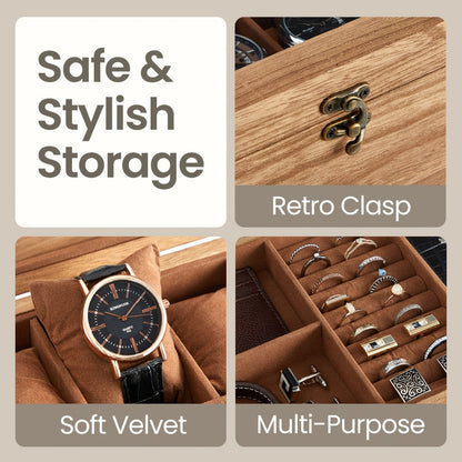 Jewelry Box - Watch 12-Slot 2-Tier Display Case with Glass Lid Removable Watch Pillows - product detail view 6