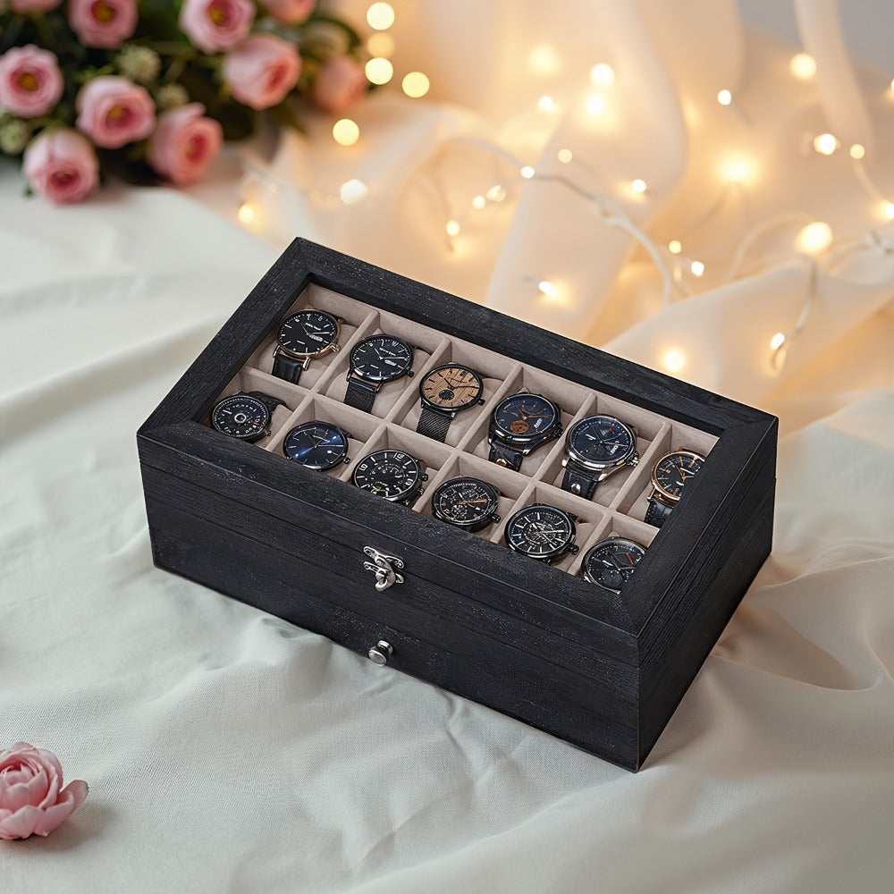 Jewelry Box - Watch 12-Slot 2-Tier Display Case with Glass Lid Removable Watch Pillows - product detail view 7