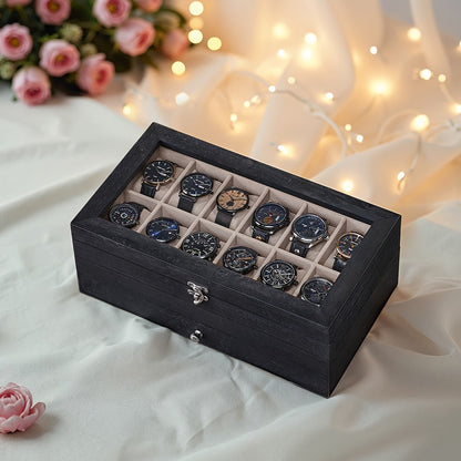 Jewelry Box - Watch 12-Slot 2-Tier Display Case with Glass Lid Removable Watch Pillows - product detail view 7